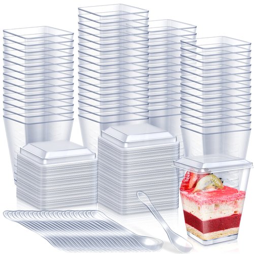 Oomcu 50 Pack 4.5 oz Small Square Clear Plastic Dessert Tumbler Cups Serving Bowl with Lids and Plastic Tasting Spoons for Desserts Appetizers Puddings Tiramisu Ice Cream Yogurt