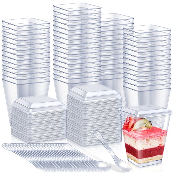 Oomcu 50 Pack 4.5 oz Small Square Clear Plastic Dessert Tumbler Cups Serving Bowl with Lids and Plastic Tasting Spoons for Desserts Appetizers Puddings Tiramisu Ice Cream Yogurt