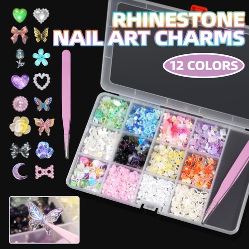3D Mix Assorted Color Nail Charms Acrylic Multi Blue Purple White Heart Flower Butterfly Bowknot Cute Nail Charms Hollow Pearls Jewelry Nail Charms for Nail Art Design DIY Crafts Accessories