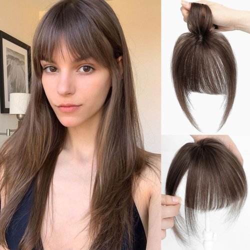 VASILIA Bangs Hair Clip, Clip in Bangs Hair Toppers for Women 100% Real Human Hair, Clip on Bangs 360° 3D Cover Wispy Fake Clip in Hair Extensions for Women Daily (Medium Auburn Brown)
