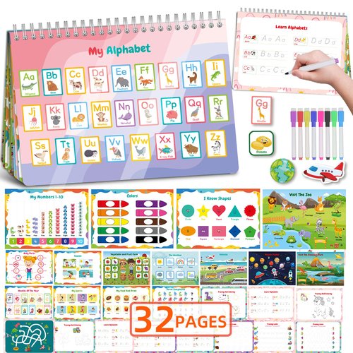 32 Themes Preschool Busy Book for Toddlers, Montessori Learning Toys for Kid 3-5, Preschool Learning Activities Sticker Coloring Quiet Book, Travel Toy for Trip Car Toddler 1-3 Sensory Birthday Gifts