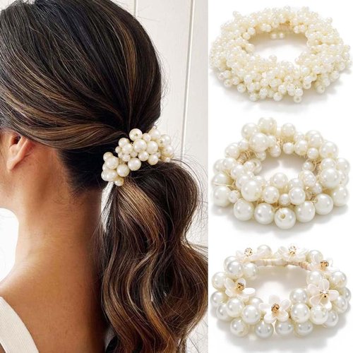 Fashey Pearl Hair Ties Flower Elastic Ponytail Holder Rhinestone Hair Scrunchies 3 Pcs Pearls Hair Accessories for Women (Type A)