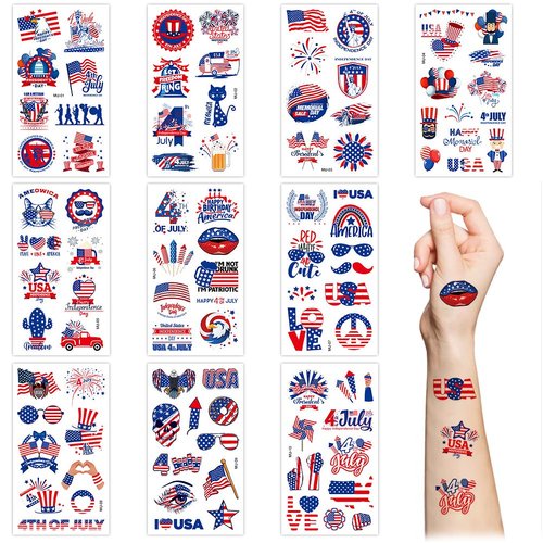 Fourth of July Temporary Tattoo,10 Sheets USA Patriotic Tattoos Stickers American Flag Eagle Mult...
