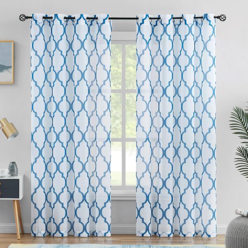 Metro Parlor Blue White Sheer Curtains 84 Inches Long for Living Room Bedroom, Moroccan Pattern Printed Window Treatments, Grommet Top Light Filtering Drapes 52" W 2 Panel Sets