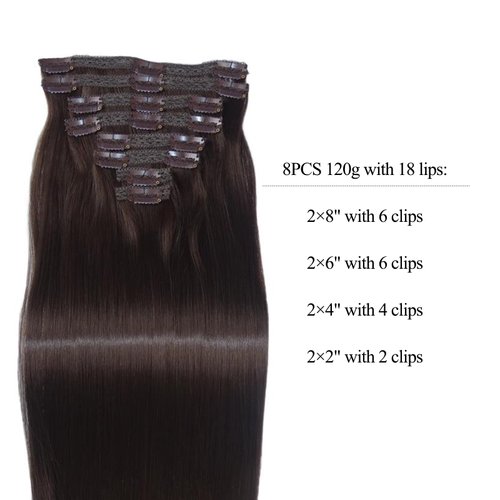 SILIERFUN Clip in Hair Extensions Real Human Hair,Human Hair Clip in Extensions Straight Human Hair Clip ins Double Weft Hair Extensions Clip ins 8pcs 120g (16 inches #2 Darkest Brown)