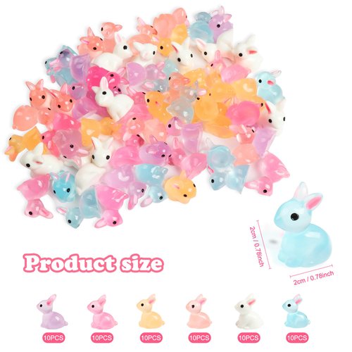 60 Pcs Easter Mini Resin Rabbit 6 Colors Luminous Miniature Bunny in The Dark Fairy Garden Accessories for Garden Landscape, Dollhouse Decor and Slime (60pcs 6colors)