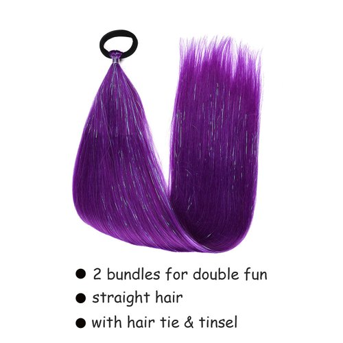 NOTICEME Violet Purple Ponytail Extension with Hair Tie, Crazy Hair Day Accessaries Colored Hair Extensinos for Kids, Festival Rave Hair Extensions, Kids Ponytail Extension 2 Packs 18 Inch