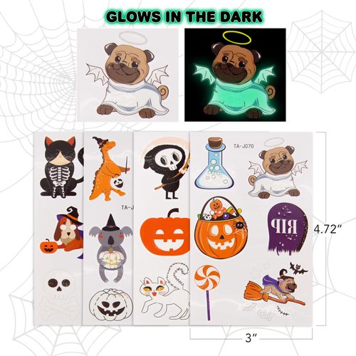 ArtCreativity 228 Styles Glow Halloween Temporary Tattoos Sheets for Kids - Halloween Glow in Dark Tattoos Stickers with unique Characters - Bulk Halloween Treat or Trick - Halloween Party Favors