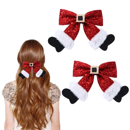 Christmas Bow Hair Clips - Sparkly Sequin Red Glitter Hair Bow Barrettes with Boots Pattern Alligator Hair Accessories for Girls Women Xmas Party Gifts (4.5in/Plush-Red)
