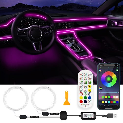 SAMGCHI USB Car LED Lights, Interior Car Lights Strip with APP and RF Remote Control, 2 in 1 Car Ambient Lighting with 157 inches Fiber Optic Music Sync Simple Installation EL Wire Lights for Car