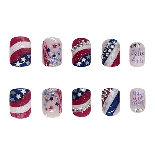 Independence Day False Nails Square Press on Nails Medium Stripe Rhinestones and Stars Design French False Nails Artificial Acrylic Nails Full Cover Glossy Coffin Nails Glue on Nails for Women July 4