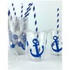 Blue Anchor Cups, Nautical Party Supplies, Plastic Disposable Cups, Slot Lids, Paper Straws, Set of 12