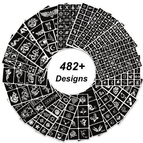 RoseNacht 482pcs Temporary Tattoo Stencils, 20 Sheets Henna Tattoo Stencil Kit for Women Girls Kids and Boys Face Body Paint Reusable Glitter Tattoo Stencils Pack Party Favor Supplies