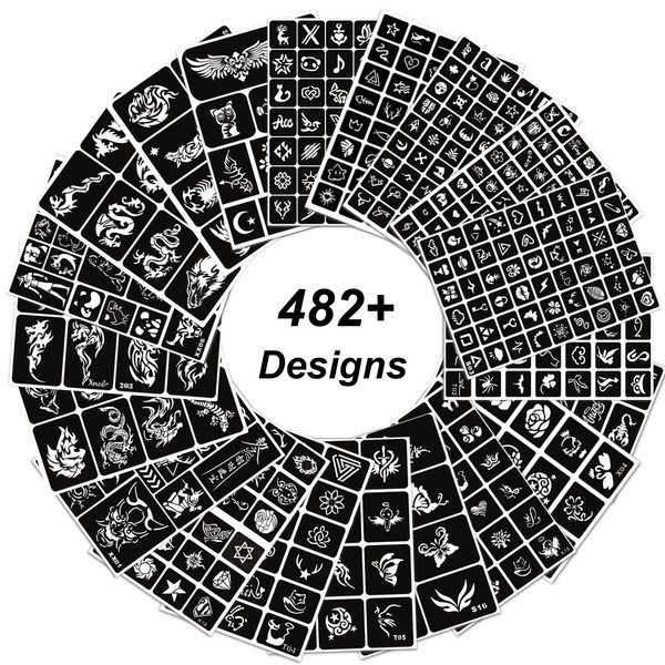RoseNacht 482pcs Temporary Tattoo Stencils, 20 Sheets Henna Tattoo Stencil Kit for Women Girls Kids and Boys Face Body Paint Reusable Glitter Tattoo Stencils Pack Party Favor Supplies