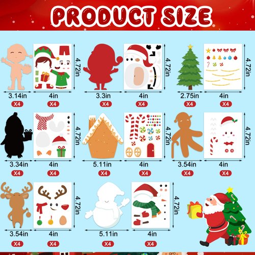 64 Pcs Christmas Ornament Crafts Make Your Own Ornament Kit with Christmas Craft Stickers DIY Christmas Cutouts with Snowman Christmas Tree Gingerbread Crafts Sticker for Christmas Tree Party Supplies