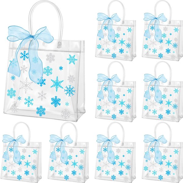 Henoyso 24 Pcs Snowflake Clear Gift Bags with Bow Ribbon PVC Party Favor Bags with Handles 7.8 x 7.8 x 3.1" Plastic Gift Wrap Tote Bags for Retail Winter Wedding Birthday Baby Shower Party