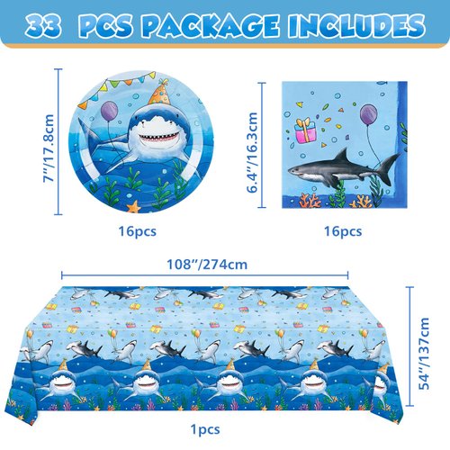 WERNNSAI Shark Party Supplies Set-33 Pcs Blue Ocean Birthday Party Decorations Disposable Under The Sea Party Tablecloth Plates Napkins for Boys Baby Shower Ocean Shark Theme Party Serve 16 Guests