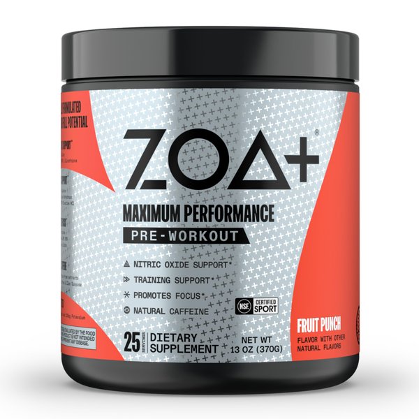 ZOA+ Zero Sugar Pre Workout Powder, Fruit Punch - NSF Certified for Sport with Electrolytes, Creatine, Beta Alanine, Ginkgo Biloba, 200mg Caffeine - 25 Servings