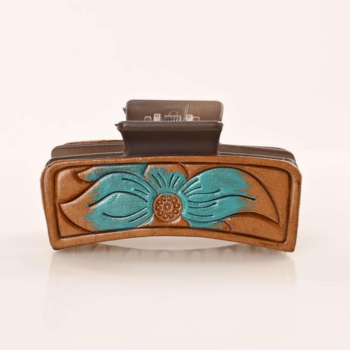 Merbaa Western Cowgirl Stuff Women's Leather Prairie Sunrise Claw clip 3.5" Rectangle Jaw Cowhide Hand Tooled Leather Patch Clips for Thick, Long, Short, Curly Hair Cowboy Fashion Claw Clip
