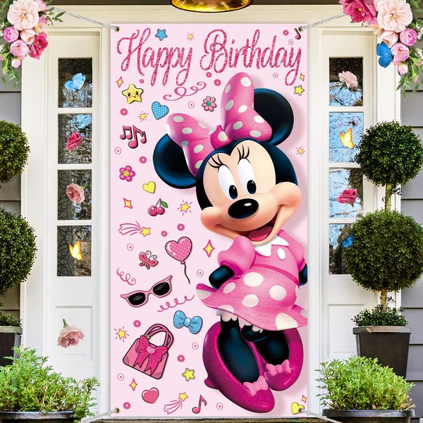 36x72inch Cute Cartoon Mouse Door Cover Banner Kids Hot Pink Mouse Birthday Party Porch Sign Decor Girls Happy Birthday Party Supplies Decorations