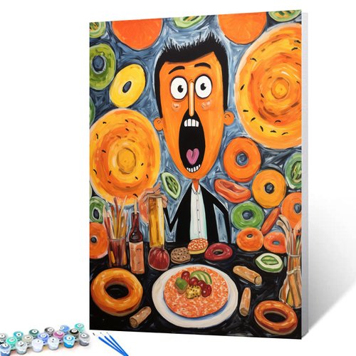 Graffitic DIY Paint by Numbers for Adults Men Eating Breakfast Art DIY Digital Oil Painting Acrylic Paint Happy Funny Creative ArtPainting Kits Canvas Home Decor 16x20 Inch Cartoon Gift（DIY Frame）