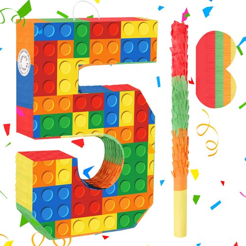 Building Blocks 5th Birthday Party Decorations Number 5 Pinata with Pinata Stick & Blindfold for Kids Girls Boys Happy Birthday Building Block Theme Party Supplies Fiesta Carnival Games