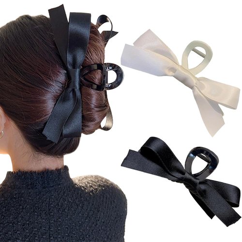TOBATOBA Hair Clip, Bow Claw Clip for Women Girls, White Black, Nonslip Hair Barrette Accessories for Thick/Thin Hair, 2 Count
