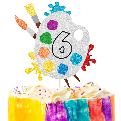 6th Slime Cake Topper - Art Themed Palette Painting Graffi Boy Girl Happy Birthday Party Decorations Supplies - Six Years Old Birthday Cake Decor