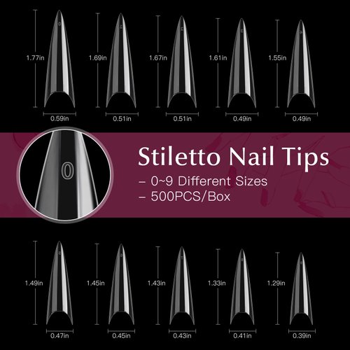 krofaue 500PCS Stiletto Nail Tips Extra Long Nails Clear Nail Tips 10 Sizes Half Cover Nail Tips XL Stiletto Shape Nail Tips Artificial Acrylic Nails Pointed Press On Nails with Box for Nail Salon DIY
