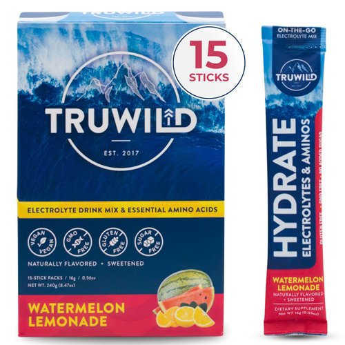 TruWild Natural Hydration Powder Single Serve Zero Sugar - Vegan Electrolytes + Amino Acids - Recovery Drink for Everyday Use – Post Workout Muscle Support Supplement + Magnesium (Watermelon Lemonade)