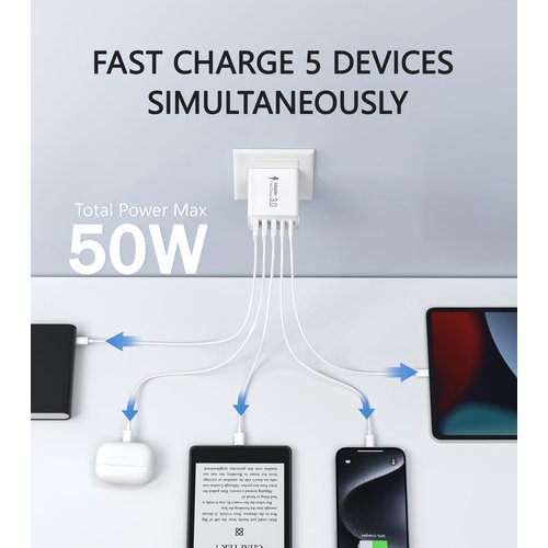 USB C Wall Charger, 50W 5-Port PD Fast USB C Charging Block,2USB C+3USB A Multiport Plug,Type C Power Adapter Brick Cube for iPhone 15/14/13/12/11/Pro Max/XS/XR,iPad,for Switch,Samsung,Tablet (2Pack)