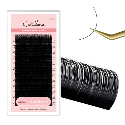 NATUHANA Round Eyelash Extensions 0.15mm C Curl Russian Single Lash 8-15mm Mixed Tray Professional Lash Supplies,Classic Individual Lash Extensions 16Rows/Case Matte Black (black;0.07 D, 15-20 MIX)