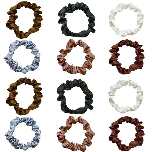 12 Pieces Silk Satin Scrunchies Skinny Hair Ties for Women, Girls Ponytail Holder - Small Elastic Soft Hair Ropes for Thin, Thick and Curly Hair (Colorful)
