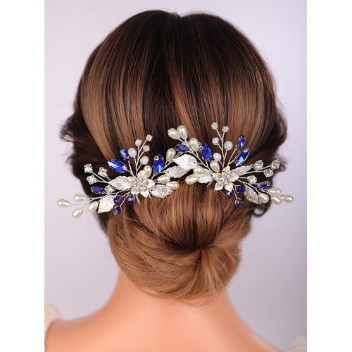 Teyglen 2pcs Flower Bride Wedding Hair Pins Bridal Blue Crystal Hair Piece Silver Leaf Pearl Hair Pins Clips Vintage Headpiece Wedding Hair Accessories for Women Girls (Silver)