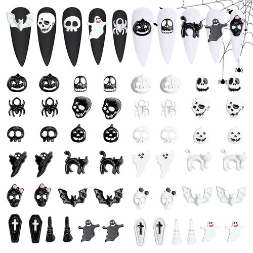 52 Pcs 3D Halloween Nail Art Charms, CYHYII Pumpkin Spider Skull Skeleton Cross Alloy Black and White Nail Art Jewelry for Women Girls Halloween Nail Decoration DIY Crafts