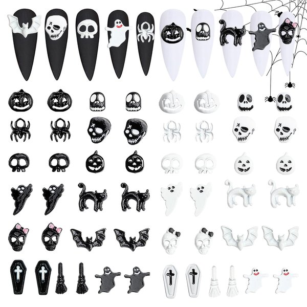 52 Pcs 3D Halloween Nail Art Charms, CYHYII Pumpkin Spider Skull Skeleton Cross Alloy Black and White Nail Art Jewelry for Women Girls Halloween Nail Decoration DIY Crafts