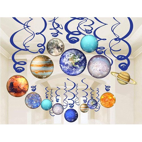 HADEEONG 30Pcs Solar System Party Supplies - Outer Space Party Decorations Space Decor Hanging Planets Swirl Decorations