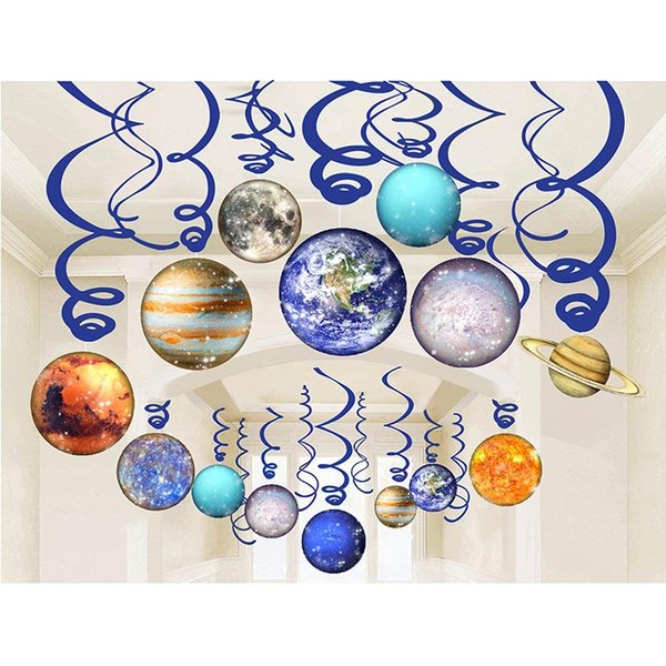 HADEEONG 30Pcs Solar System Party Supplies - Outer Space Party Decorations Space Decor Hanging Planets Swirl Decorations