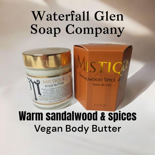 Mistique body butter, sandalwood, patchouli and spices, rich, all over body moisturizer with tucuma butter and deep skin conditioning