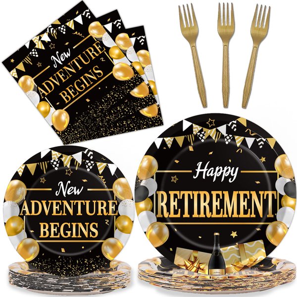 gisgfim 96Pcs Retirement Party Plates and Napkins Set, Happy Retirement Decorations Retirement Party Supplies for Men Women, Gold and Black Party Disposable Tableware Dinnerware Kit, 24 Guests