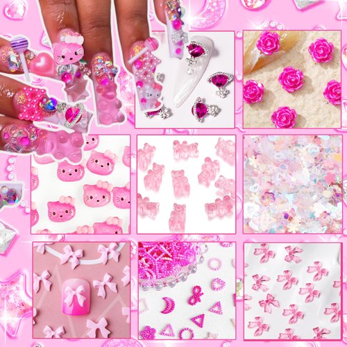 3D Pink Nail Charms Bulk Gummy Bear Butterfly Bow Assorted Nail Charms Set Planet Cherry Gems Cute Heart Star Pearls Nail Charms for Nail Art DIY Supplies Accessories