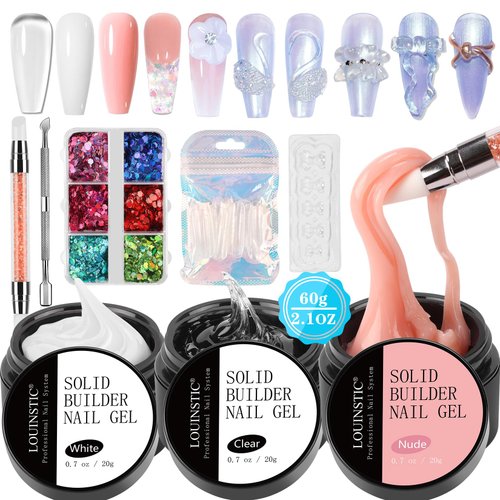 LOUINSTIC Solid Builder Gel Nail Kit - Acrylic Nail Kit Non Stick Builder Gel For Nails Nude Whit...