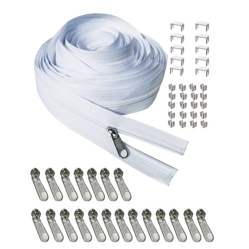 JOSDIOX Zipper by The Yard #3 White Sewing 10 Yard Long Zipper in Continuous Nylon Coil with 20pcs Zipper Sliders Zipper Pull and 30pcs Zippers Stops for Upholstery Sewing