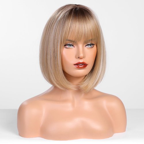 HAIRCUBE Bob Wig Short Ombre Blonde Wig with Bangs,Shoulder Length Synthetic Wigs for Women,Highlight Wigs for Daily Use