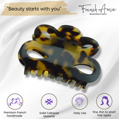 French Amie Flower Small 2 1/4" Handmade Cellulose Acetate Covered Spring Claw No Slip Grip Hair Clips Claw Girls Hair Claw Clips Jaw Fashion Durable Styling Paris Hair Accessories for Women, Made in