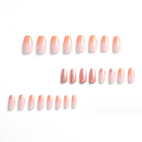 YoYoee Medium Coffin Press on Nails French Cute Gradient False Nails Acrylic Bling Fake Nails Reusable Nails Tips for Women and Girls 24PCS