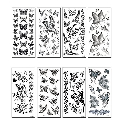 8 Sheets Black Butterfly Temporary Tattoos Waterproof Long lasting Fake Tattoos Sexy Realistic Arm Tattoos Stickers for Women Girls
