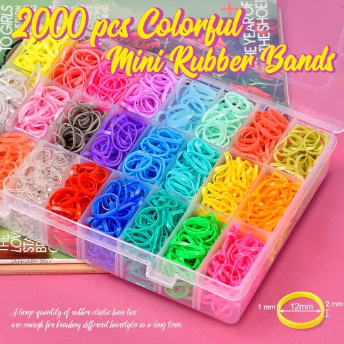 TsMADDTs 24 Colors Rubber Bands, 2000 Pcs Elastic Hair Ties with Organizer Box, Hair Rubber Bands with Hair Tail Tools and Comb, Hair Accessories for Girls Kids Baby Toddler