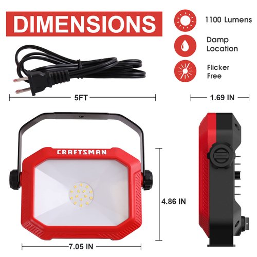 CRAFTSMAN 1100 Lumens 4000K LED Tiltable Portable Work Light in Red with 2-in-1 Adjustable Metal Rotating Stand and Handle, Impact-Resistant Glass Lens, 5FT Power Cord, ETL, Perfect for Job Site