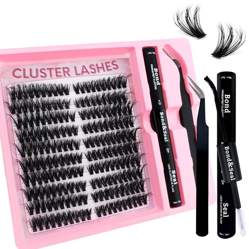 Fluffy Lash Clusters Kit 200pcs DIY Lash Extension Kit, Wispy Lash Clusters Kit Natural 8-16mm Thick Volume Eyelashes Extension Kit with Lash Bond and Seal and Lash Tweezers.(200P-5K-Kit)